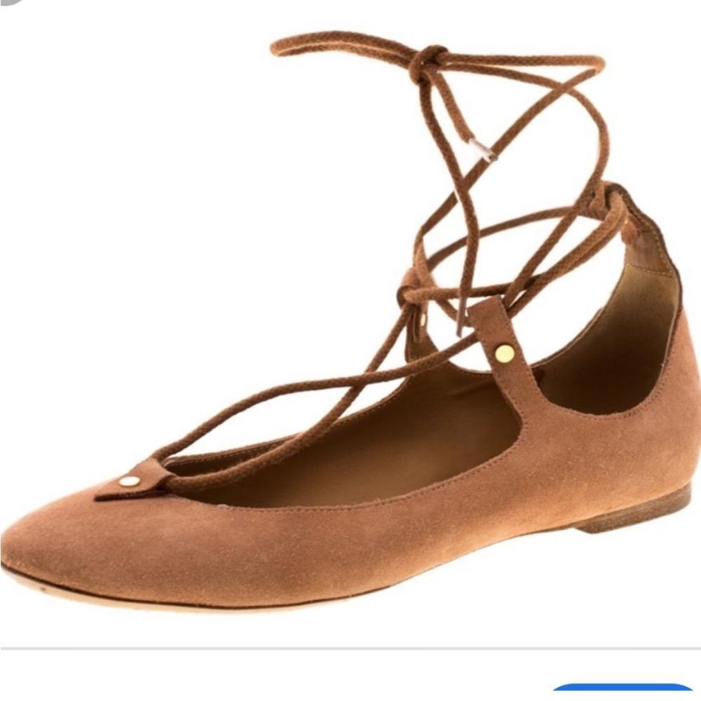CHLOE Foster Camel Suede Lace-Up Ballerina Flat Ballet Shoes Size 39.5/ 8.5